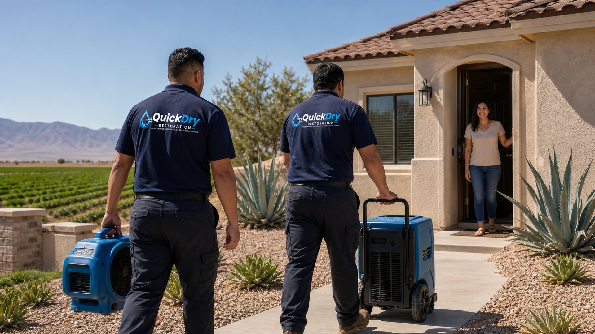 QuickDry technicians walking toward an Imperial Valley home with drying equipment