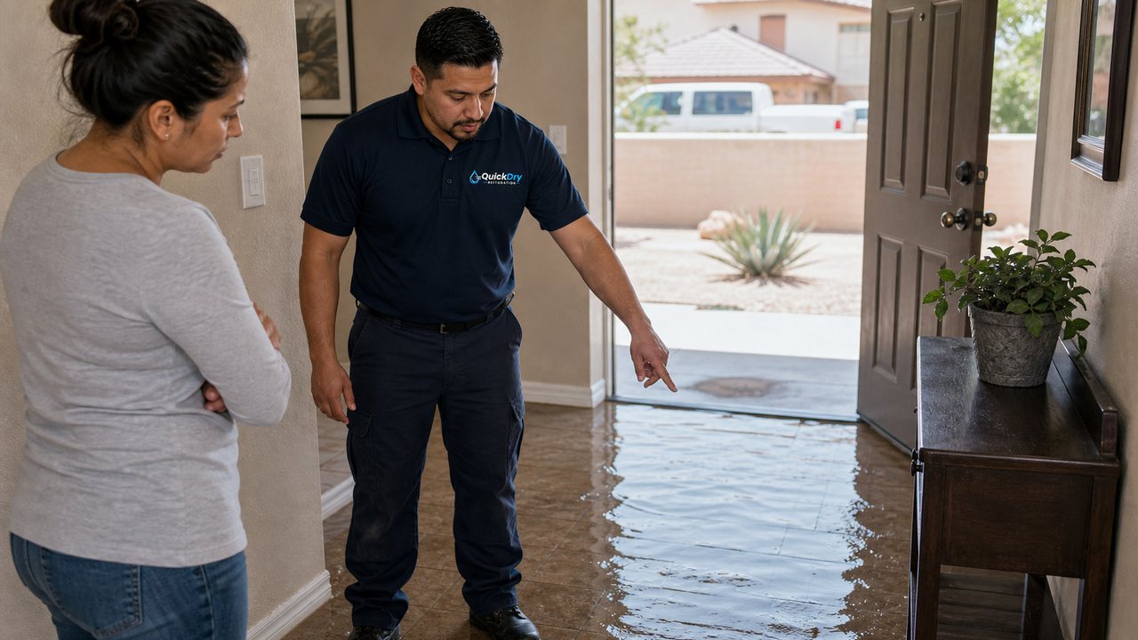 QuickDry technician assessing shallow floodwater in a residential entryway