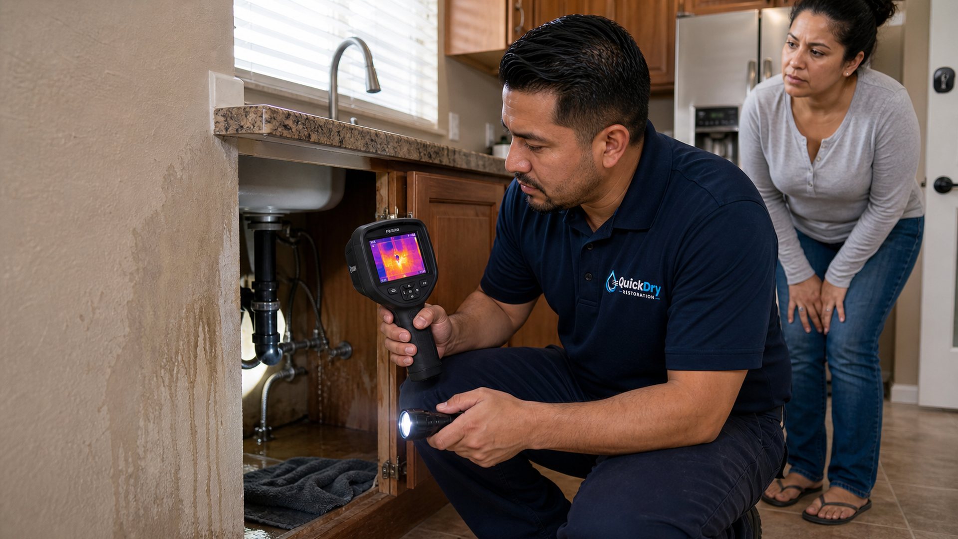 QuickDry technician inspecting a kitchen leak with a thermal camera