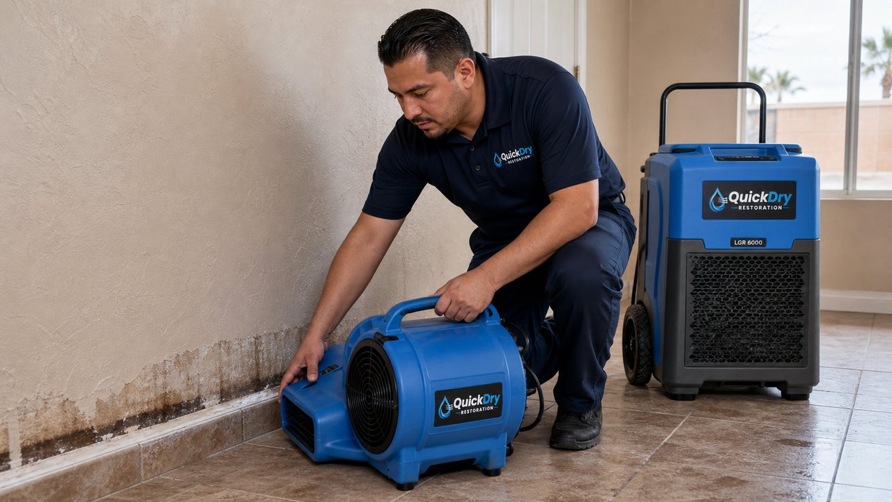 QuickDry technician positioning drying equipment near a damp wall