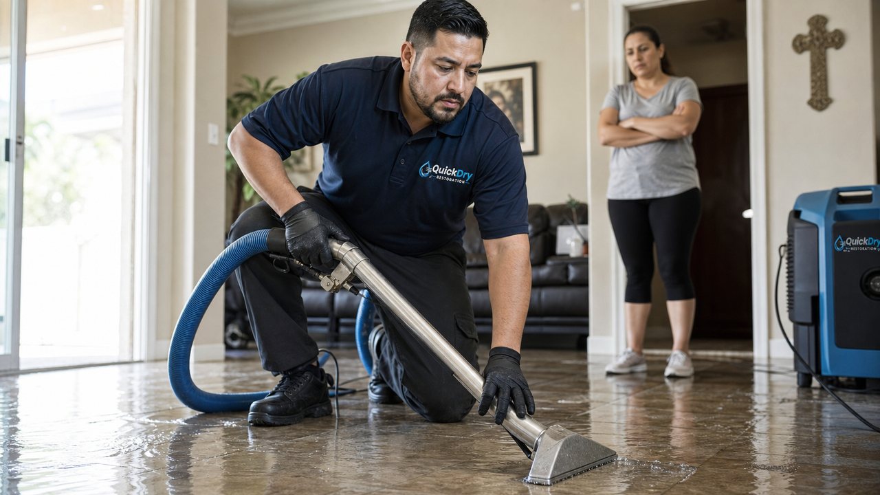 QuickDry technician extracting standing water from a residential floor