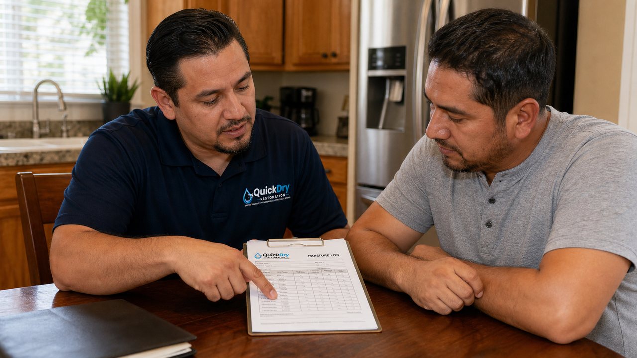 QuickDry technician reviewing a moisture log with a homeowner
