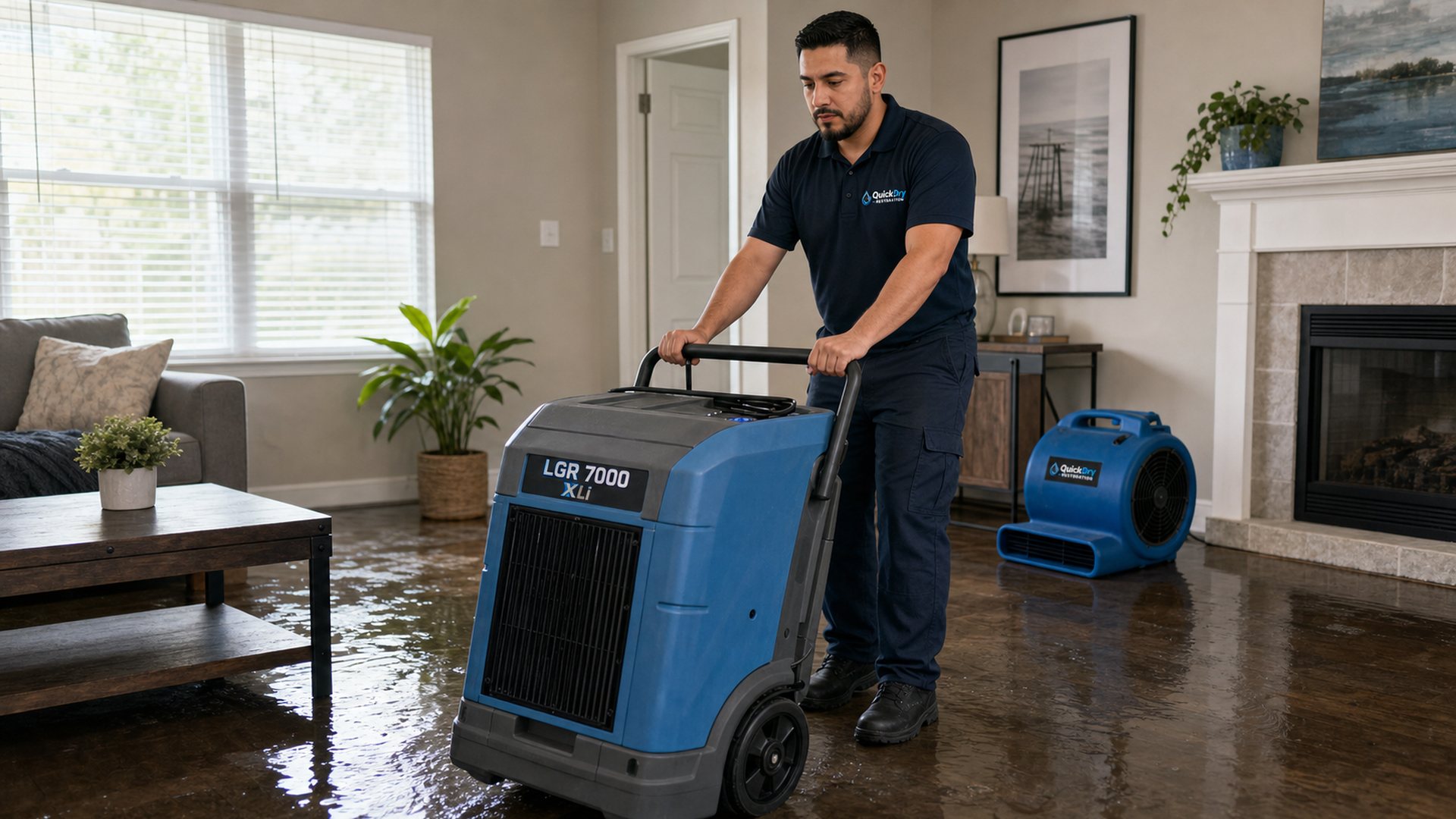 QuickDry technician rolling an LGR dehumidifier into place on wet flooring