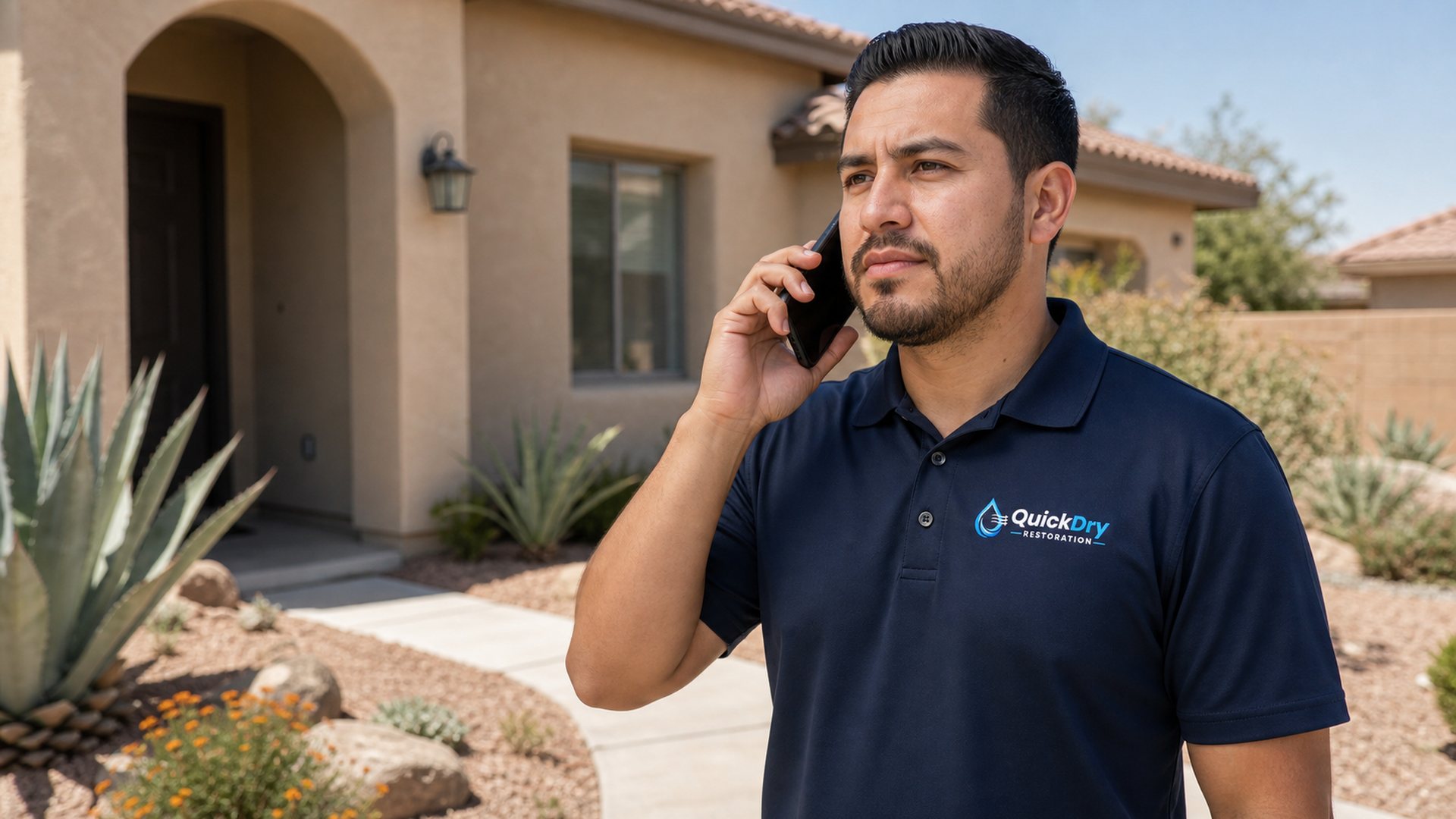 QuickDry technician speaking by phone outside an Imperial Valley home